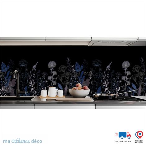 Crédence : Dessin et fleurs sauvages noires 6 - Couleur Bleu signal - Alu composite - 60 - 120 (1/3)