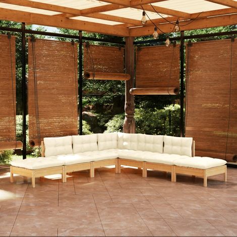 vidaXL Muebles de jardín 7 piezas cojines madera de pino color crema (1/5)