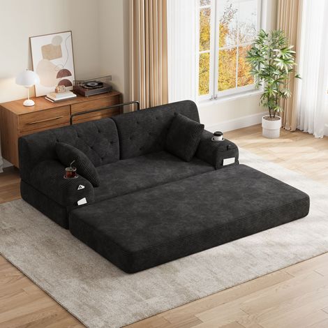 Canapé modulaire 2 places en velours côtelé,Canapé lit convertible avec 2 porte-gobelets et 4 poches latérales,canapes a compression,Noir (1/5)