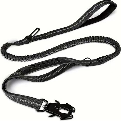 Laisse tactique — Laisse élastique réfléchissante de 1,2 m à 1,78 m, adaptée aux chiens de taille moyenne, grande et très grande — Noire (1/5)
