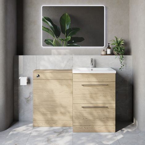 Napoli 460 Cento Light Oak 1200mm 2 Drawer Vanity Unit Toilet Suite with Glide Basin - 1200mm - Chrome 320mm HandleWithout Kingston Toilet Pan