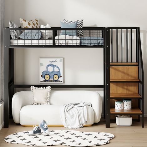 Lit mezzanine enfant 90x200 cm avec étagères de rangement et armoire ouverte, en métal, sans matelas, noir