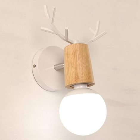 Applique Murale Rétro en Bois et Fer Vintage Ajustable Lampe Murale Industrielle Design de Cerf Décoration Lampe de Mur Intérieur E27 Éclairage pour Salon Couloir Chambre Bar (Blanc)