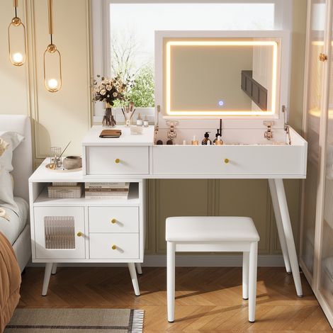 Bureau coiffeuse 2-en-1 avec miroir LED blanc HAVRYA (1/5)