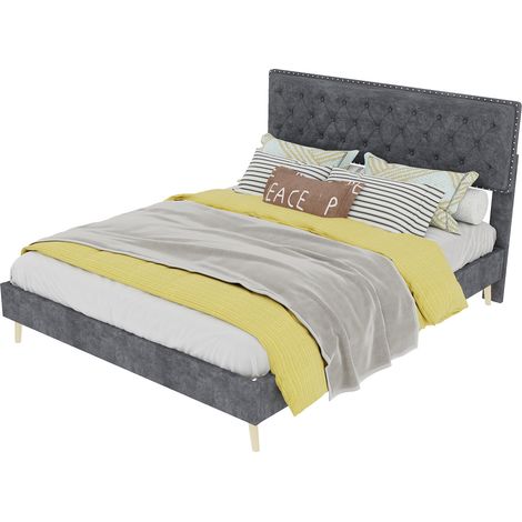 Lit moderne minimaliste et moelleux, tête de lit confortable et douce, 140200CM, gris, mobilier de chambre multifonctionnel, cadre de lit bas sans barre de levage, matelas 140200cm inclus. (1/5)