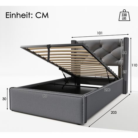 Lit simple hydraulique 90x200 cm, sommier métallique à lattes, cadre de lit contemporain avec espace de rangement, gris, en coton (1/4)
