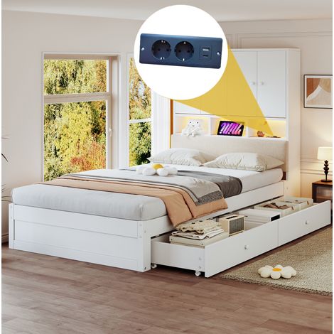 Lit simple enfant 90x200 cm en bois avec tiroir, tête de lit rembourrée avec rangements et étagères, éclairage LED, prises électriques, sommier à lattes, blanc (1/5)