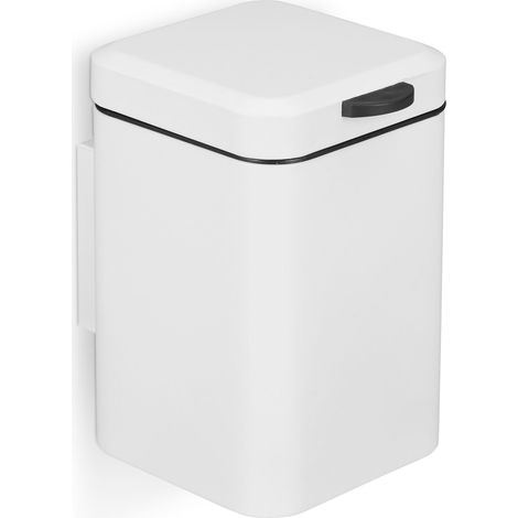 Relaxdays Wall Mounted Bathroom Bin, 3 L, Drop-down Mechanism, Removable Inner Bucket, Cosmetic Waste Can, Steel, White (1/5)