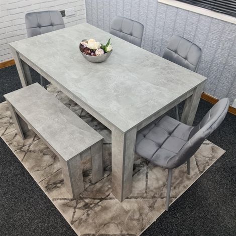 Dining Table and 4 Chairs With Bench Stone Grey Effect Wood Table 4 Grey Velvet Chairs Dining Room (1/5)