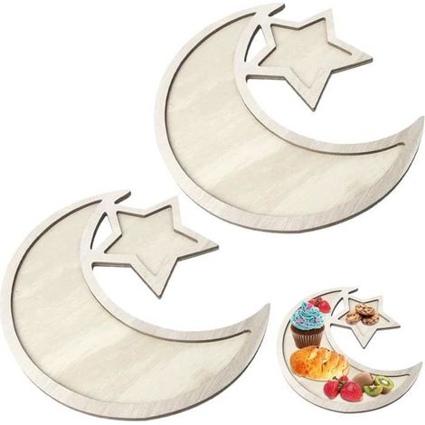 2 plateaux en bois pour Ramadan, motif lune et étoile, décoration de table festive pour fruits et collations Aïd Mubarak (1/4)