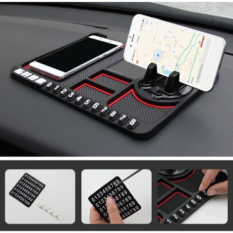 Tapis antidérapant multifonctionnel pour voiture – Support téléphone + Panneau stationnement + Tampon rangement – 30 x 45 cm, noir (1/5)