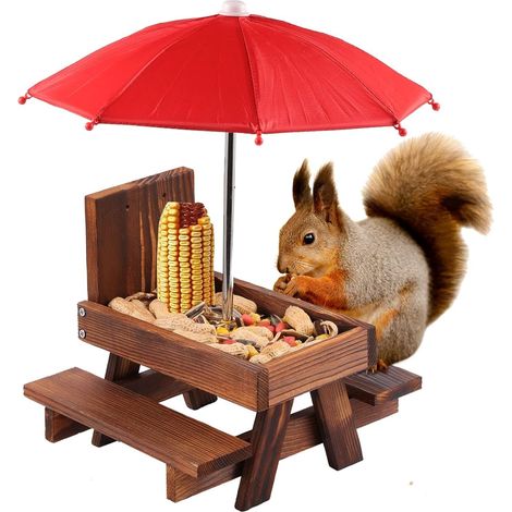 Mangeoire en bois pour écureuils – Table de pique-nique pour nourrir les oiseaux et les écureuils – Station d’alimentation décorative de jardin (1/5)