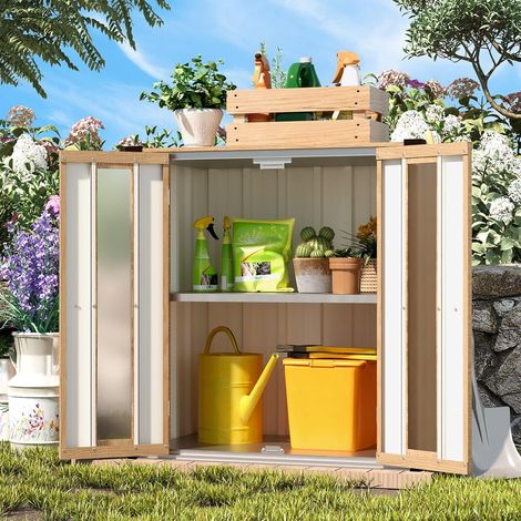 YODOLLA Holzoptik-Außenaufbewahrungsschrank, Wetterfester Kleiner Gartenschrank mit Böden