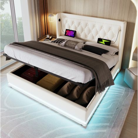 Cama matrimonio con almacenaje USB PU blanco 180x200 OKMYHOME (1/5)