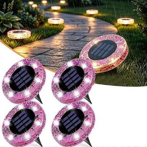 Lot de 4 lampes solaires en forme de disque, lampes solaires étanches en mosaïque pour l'extérieur, adaptées aux allées, terrasses et pelouses, éclairage décoratif pour allées de garage. (1/5)