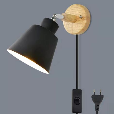 Applique murale avec interrupteur et prise, lampe de chevet moderne style macaron vintage, applique murale en bois E27, convient pour le salon et la chambre (noir) (1/5)