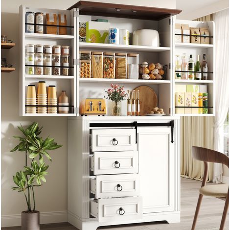 Meuble de cuisine haut blanc, 4 tiroirs, étagères réglables et range-snacks latéral HAVRYA (1/5)