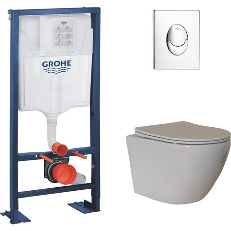 Pack WC Grohe Rapid SL + Cuvette sans bride KELOS Flush Blanc + Plaque Skate Air Chromé (1/5)