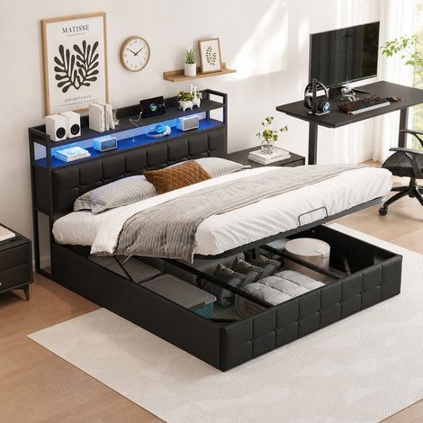 Lit coffre 160x200 cm avec rangement hydraulique, tête de lit nuage rembourrée avec rangement, LED et ports de charge USB, sommier à lattes, revêtement PU noir (1/5)