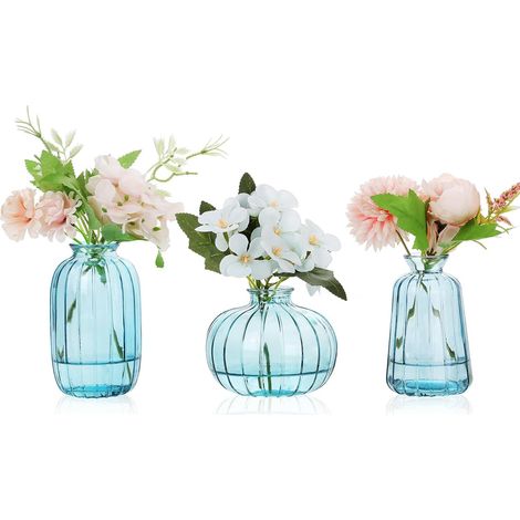 Set aus 3 kleinen, transparenten Vintage-Glasvasen, dekorativ für Hochzeits-/moderne Tische