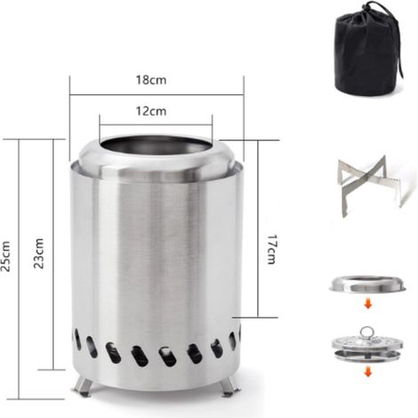 Brasero sin humo de 25 x 18 cm, de acero inoxidable, portátil, para patio con balcón, ideal para decoración de jardín y terraza, ideal para barbacoas.