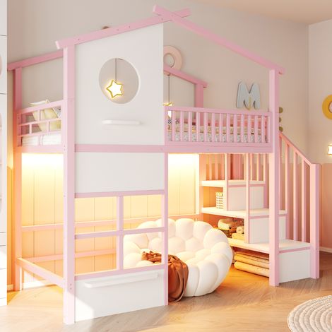 Lit mezzanine cabane 90 x 200 cm avec escalier de rangement et LED, rose et blanc, REDOM (1/5)