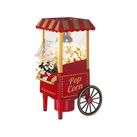 BEPER BT.651Y Machine à pop-corn, pop-corn en 3 minutes, sans matières grasses, circulation d'air chaud, sans huile, puissance 1200 W, rouge/or