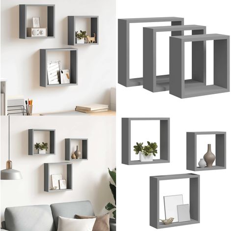 Étagères murales sous forme de cube 3 pcs Gris MDF - Etagere Murale - Etagere Cube - Rangement Mural - Decoration Murale - Meuble Design - Home & Living (1/5)