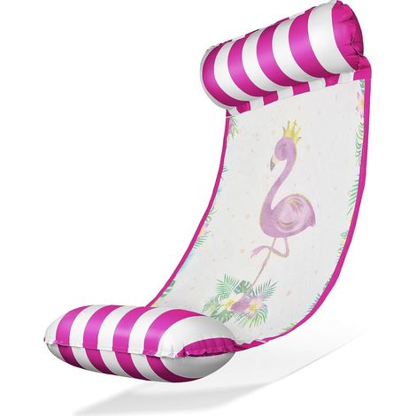 Chaise suspendue à eau Flamingo à rayures rose-blanc (130×70 cm) – Chaise flottante joyeuse avec filet de refroidissement et imprimé tropical, parfaite pour la piscine et plus encore
