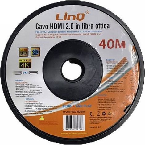 Linq - Cavo Hdmi In Fibra Ottica Ultra Hd 4k 40 Mt Per Tv Computer Proiettore Foc-8k40m -