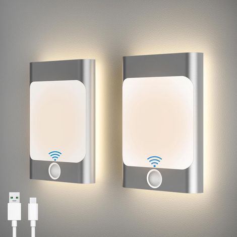 Ensemble de 2 appliques murales d'intérieur avec détecteur de mouvement, 3000K, capteur multi-combinaison, rechargeables par USB, veilleuse. (1/5)