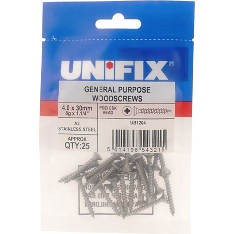 Unifix A2-304 St/St Chippy Woodscrews 4.0 x 50mm - Box of 125