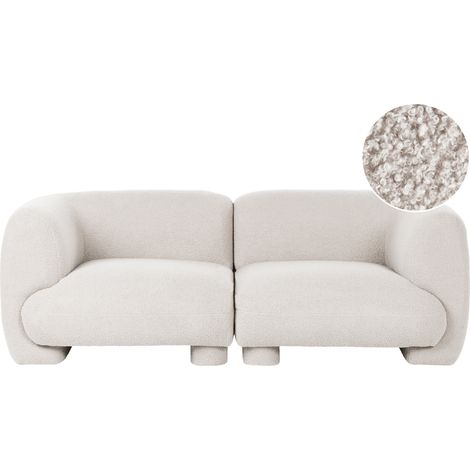 Sofá 2 plazas de bouclé modular de perfil bajo con forma curvada estilo orgánico blanco crema Mjalbi