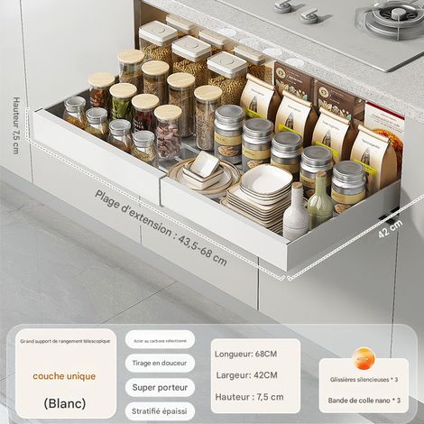 Panier Tiroir Extensible pour Placard de Cuisine, Organisateur à Glissière pour Épices, Vaisselle et Ustensiles, 3 Rails, Blanc, Taille Grande (1/4)
