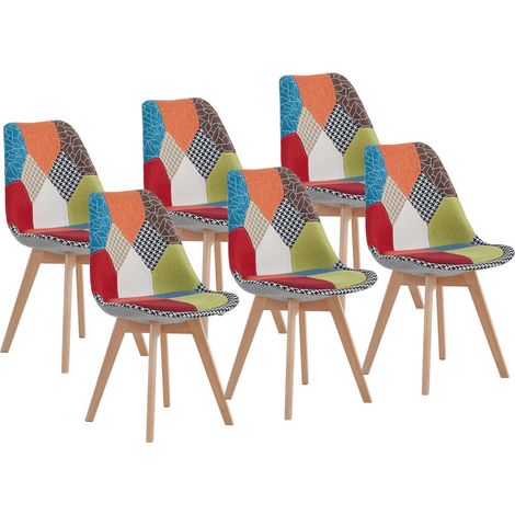 Wokaka Confezione da 6 sedie da pranzo in lino - con piedi in faggio massello, design retrò patchwork multicolore imbottite (rosso)