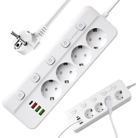 Steckdosenleiste mit Einzelschaltern, 4 USB-C-Anschlüsse (3 USB-A + 1 USB-C), Wandsteckdose für Zuhause, Büro oder Küche, 2M-Blanco (1/5)