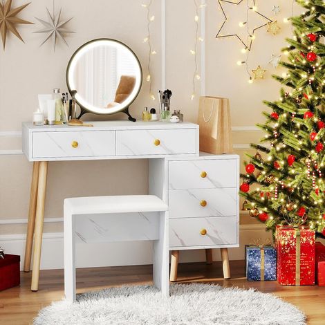 COSTWAY Toeletta da Trucco con Specchio Rimovibile e Luci, 3 Modalità di Illuminazione, 5 Cassetti, Sgabello Morbido Imbottito, Set da Toeletta Moderna con Gambe in Metallo (1/5)