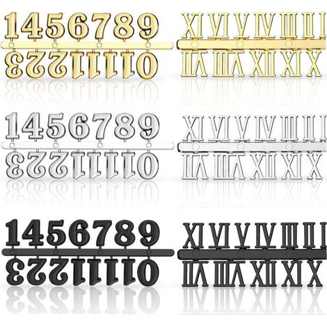 6-Piece Clock Number Kit Including Arabic and Roman Numerals in Black, Silver, and Gold DIY Wall Clock Numbers for Replacement and Repair Accessories