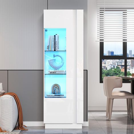 Vitrine haute 60×40×180 cm, blanche laquée brillante. Porte en acrylique, 3 étagères en verre, éclairage LED, rangement vertical spacieux.