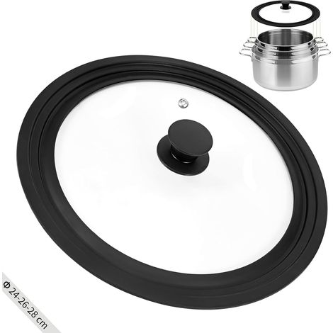 Universel Couvercle Poele Ø 24/26/28 cm, Couvercle Casserole en Verre pour Poêles et Casseroles, Couvercle de Poêle avec Bord en Silicone et Trou Vapeur, pour Casseroles et Poêles (1/5)