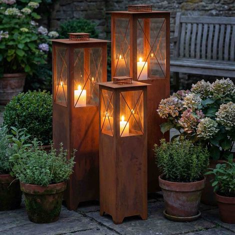 Lanterne de Jardin en Métal Patiné Photophore Extérieur en Acier Corten avec Insert Verre - PANGIVO