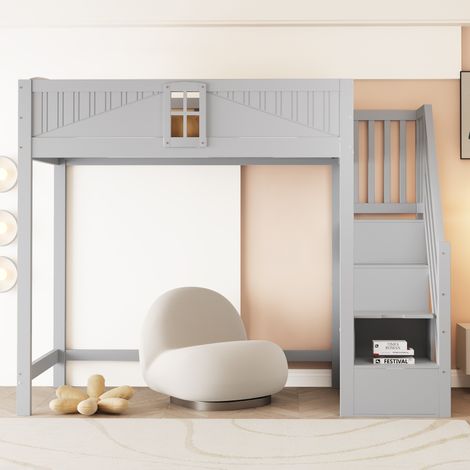 Lit mezzanine 90x200 avec rangements et étagères - bois - escalier ou échelle - gain de place - gris (1/5)