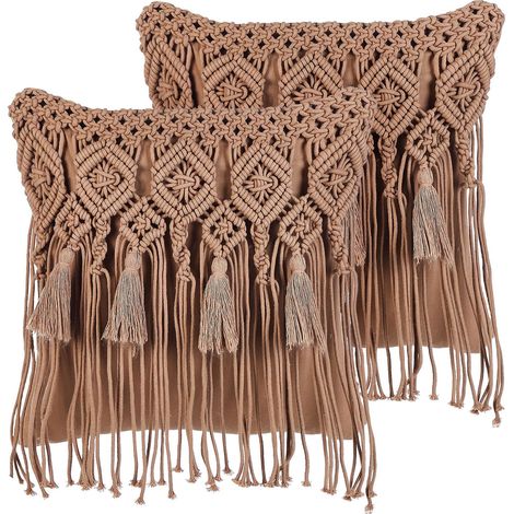 Lot de 2 Coussins en Coton Décoratifs 45 x 45 cm avec Rembourrage Motif Macramé avec Franges Marron Clair Bamian