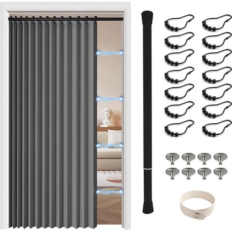 Blackout Curtain with Bar without Drilling, Room Divider Curtain with Magnetic Button Thermal Insulation Anti Cold and Heat, Opaque Door Curtain, 200 cm High for Living Room, Kitchen, Cloakroom (1/5)