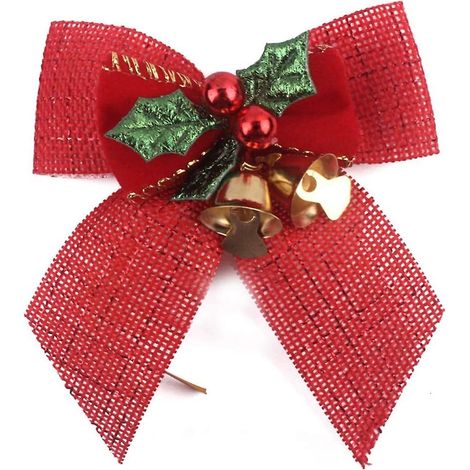 Nœud de Noël écossais en jute - Nœud rouge de 8 cm avec clochettes pour décorer le sapin (1/5)
