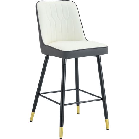 Lot de 2 tabourets de bar 100 cm en cuir régénéré blanc et gris foncé, avec structure métal noir et repose-pieds, pour cuisine ou maison bar CHICFURN (1/5)
