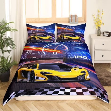 Bleu Jaune Voiture de Sport Housse de Couette Voiture de course Parure de Lit 140x200cm pour Enfants Garçons Sports Sets de Housse de Couette Car Sports avec 1 taie d'oreiller (1/5)