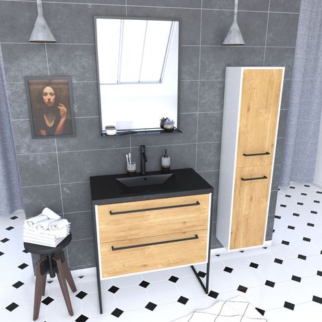 Set bagno 80 cm rovere naturale + lavabo nero + specchio LED + colonna portaoggetti