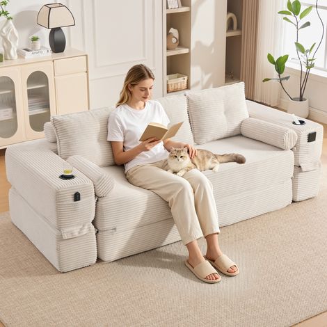 Canapé convertible 3 places 232 x 98 x 80 cm - Velours côtelé beige - Porte-gobelet, poches, 3 coussins (1/5)
