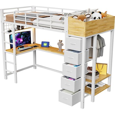 CHICFURN Lit mezzanine métal 90x200 cm avec bureau gaming intégré, prises USB et Type-C, éclairage LED, rangements textiles et échelle sécurisée, blanc (1/5)